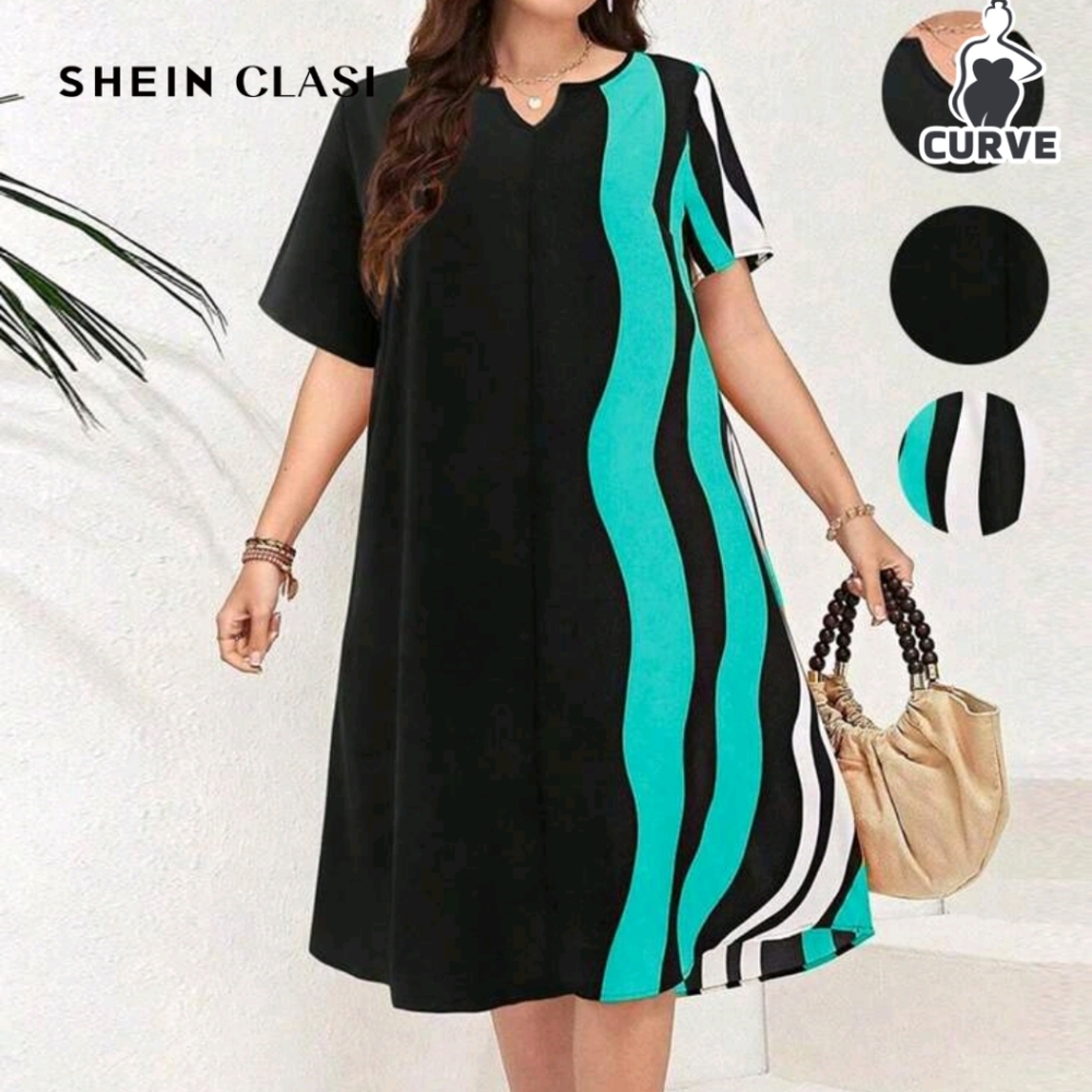 SHEIN Black and Teal Wave Midi Dress